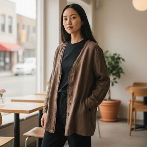 J Jill Brown Linen Jacket Cardigan Blazer Sz‎ L Lagenlook Arty Loose Oversized